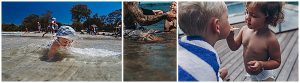 3-images-of-kids-at-play-first-is-baby-crawling-into-wave-next-baby-playing-in-surf-with-dad-third-kids-sharing-a-snack-after-swimming-in-the-pool-golc-coast-lifestyle-photography