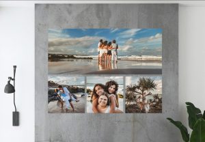 Stunning wall art including customised family photography images set against a sleek concrete wall with four beautiful metal prints