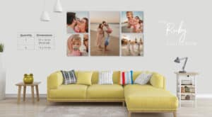 Room-view-showcasing-five-metal-prints-in-lounge-room-of-family-of-three-mother-dad-and-daughter-enjoying-and-playing-on-the-beach-Gold-Coast-amily-Photography